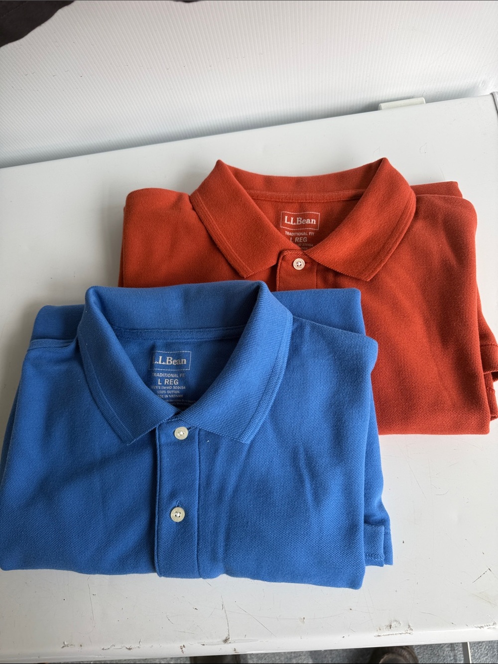 Lot of 2 LL BEAN COTTON GOLF POLO SHIRTS SIZE L TRADITIONAL FIT BLUE RUST ORANGE